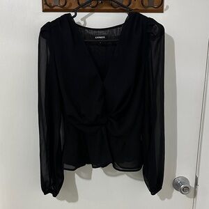 Express Black Sheer Twist-Front Long Sleeve Blouse